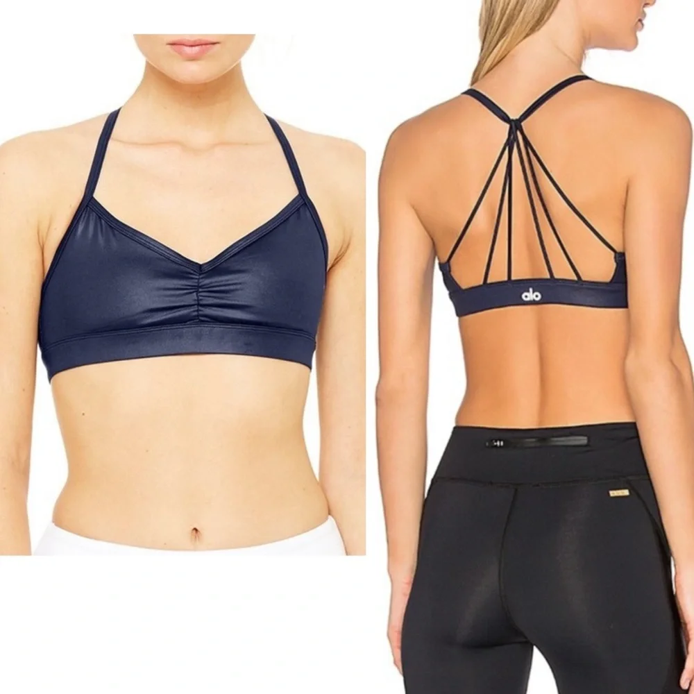 ALO Yoga Blue Sunny Strappy Sports Bra for Intimates NAVY GLOSS Size Large
